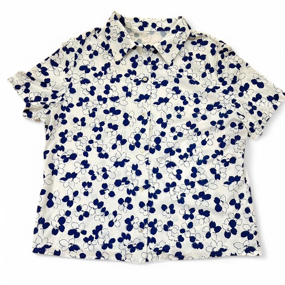 Floral Blue & White Button-Up Shirt, Large